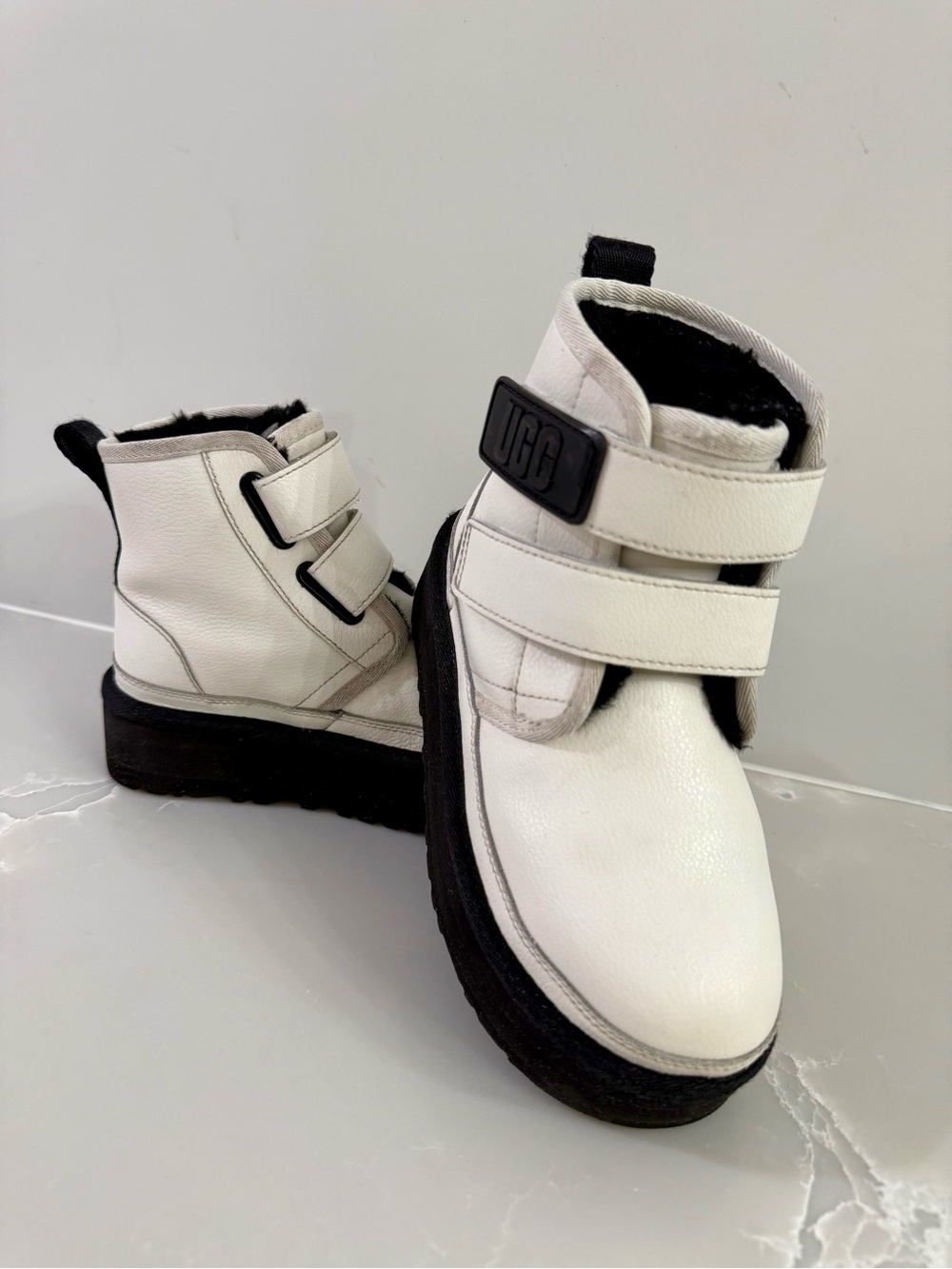 UGG Kids White Leather Velcro Ankle Boots with Black Sole